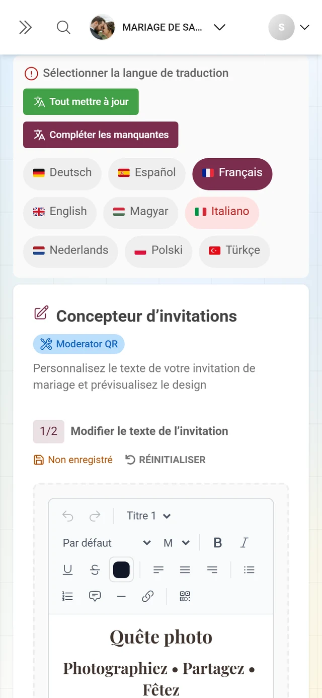 Éditeur rapide de modèles avec sa barre d'outils pour ajouter du texte et concevoir l'invitation