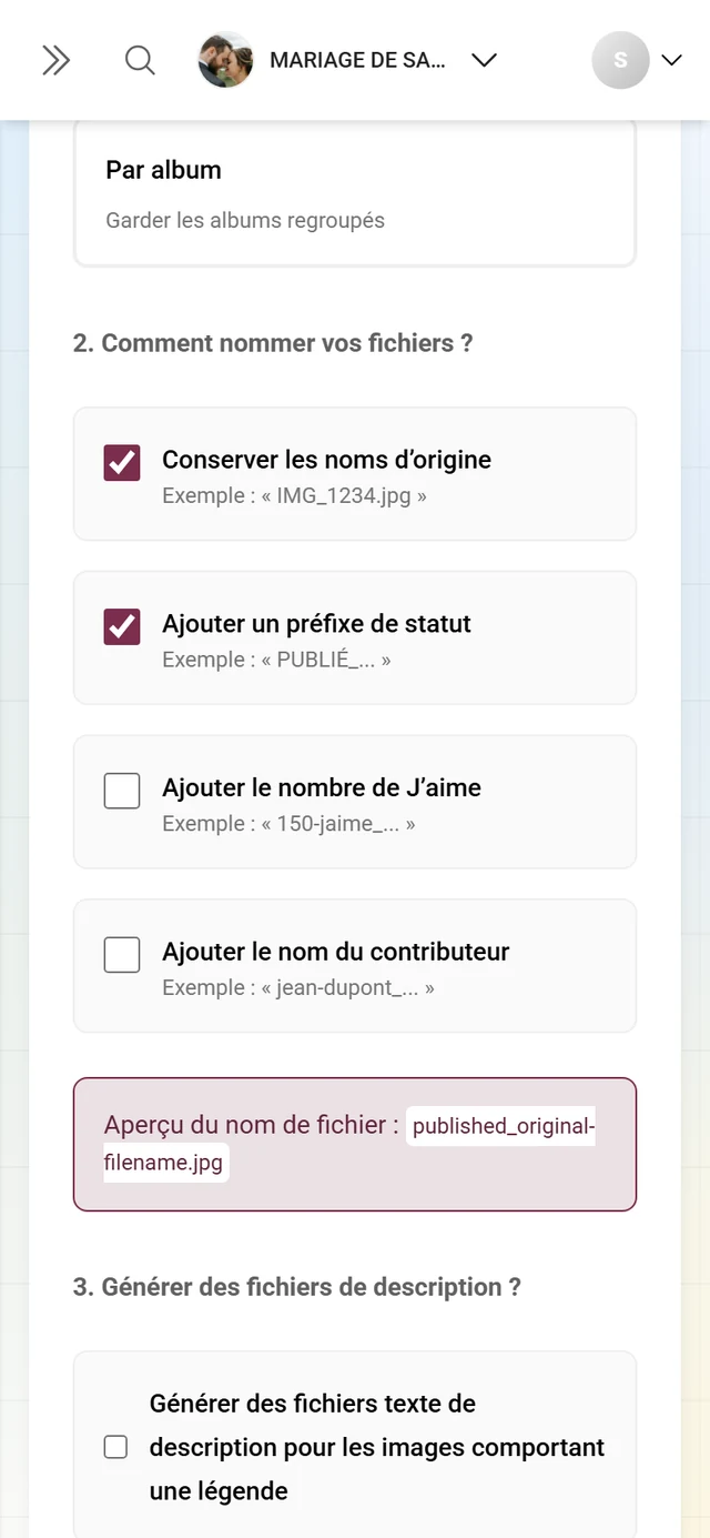 Étape 2 du téléchargement avancé avec les quatre cases de nommage et l'aperçu