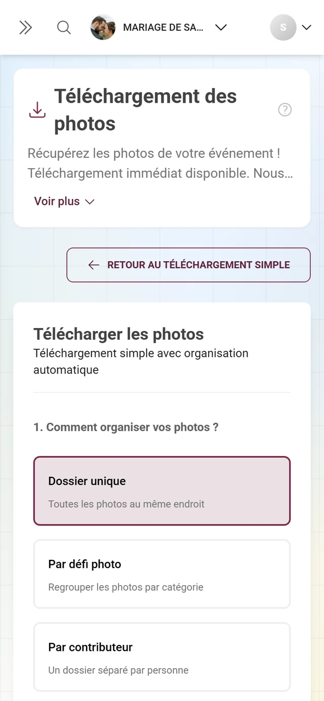 Téléchargement avancé avec structure des dossiers, filtres et sélection pour l'export ZIP