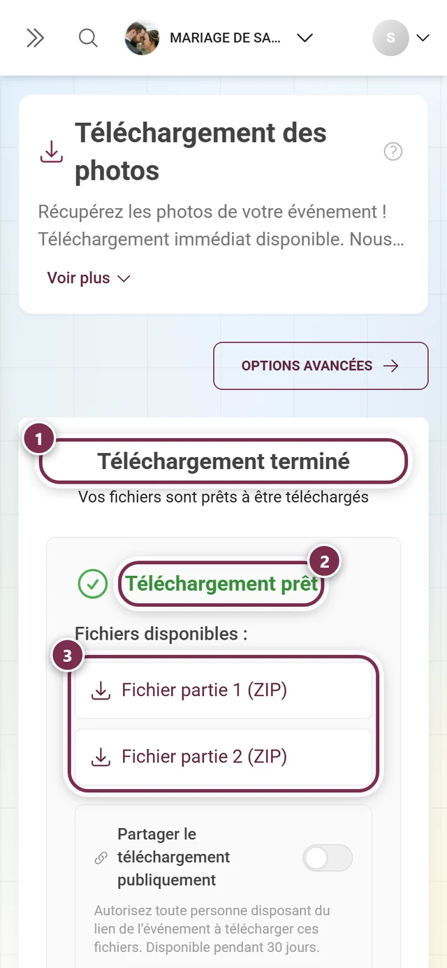 Écran de résultat avec le titre Téléchargement terminé, la mention verte Téléchargement prêt et deux parties ZIP, tous mis en évidence