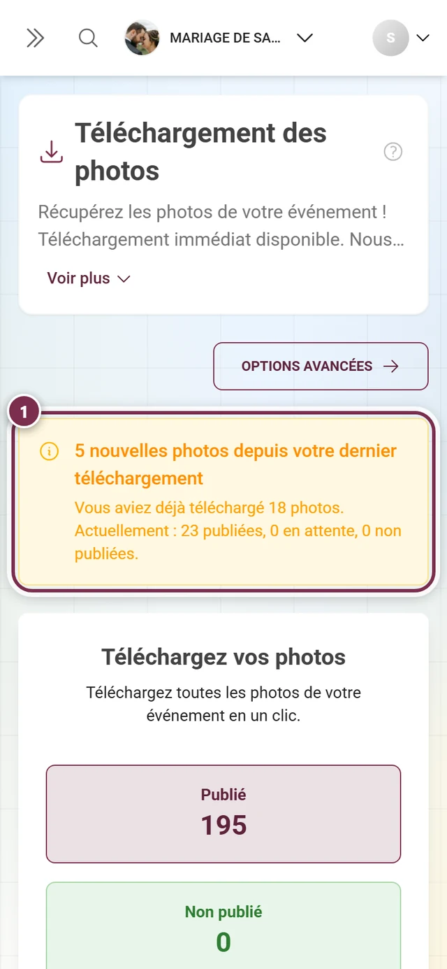 Bannière jaune signalant de nouvelles photos depuis le dernier téléchargement, mise en évidence