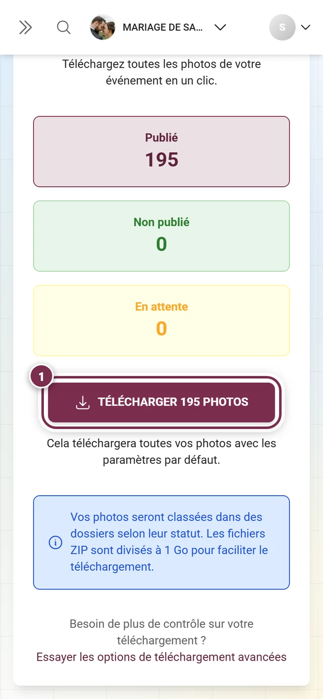 Le bouton de téléchargement indiquant le nombre de photos, mis en évidence