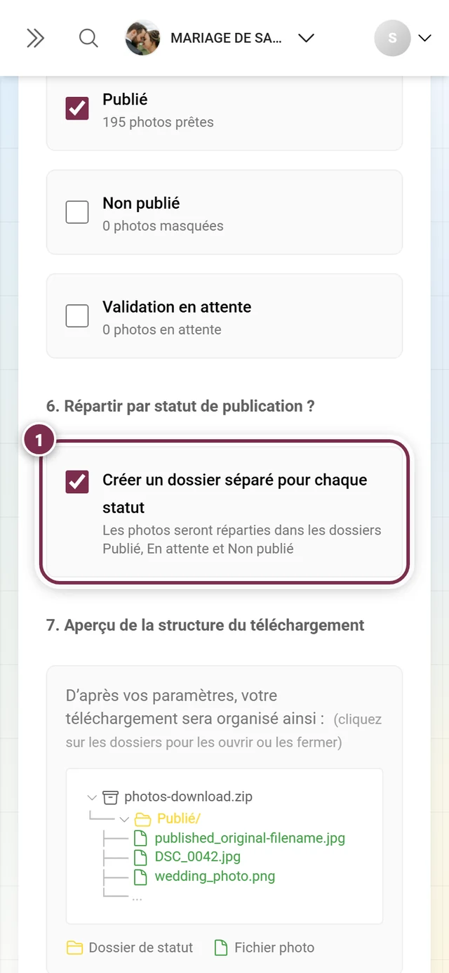 Étape 6 avec la case pour la répartition par statut et l'aperçu de la structure des dossiers, mis en évidence