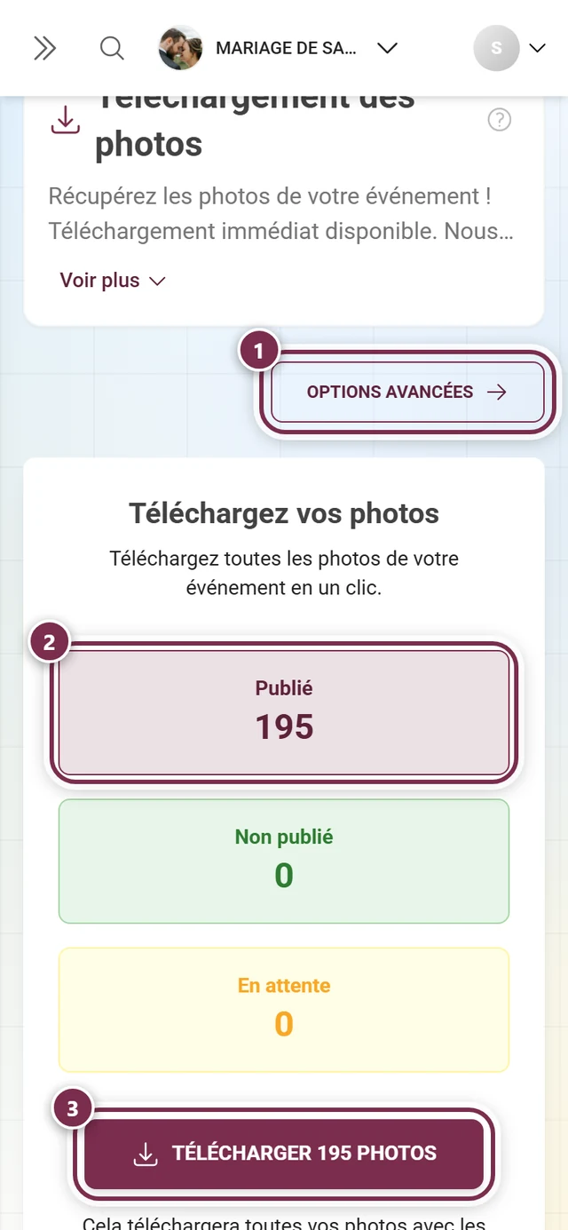 Page de téléchargement dans l'espace d'administration, avec le bouton Options avancées, la tuile Publié et le bouton de téléchargement mis en évidence