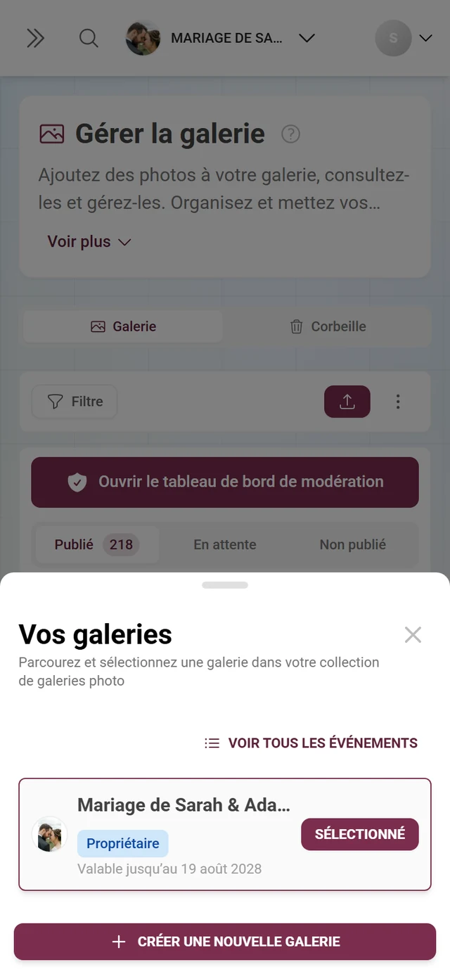 Boîte de dialogue Vos galeries avec une galerie, un badge de rôle Propriétaire et le bouton Créer une nouvelle galerie
