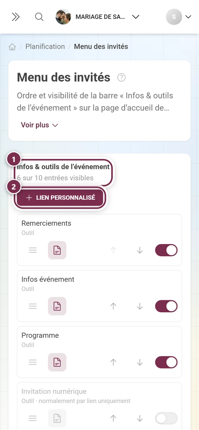 Éditeur du menu des invités avec titre, compteur, le bouton Lien personnalisé et la liste triable