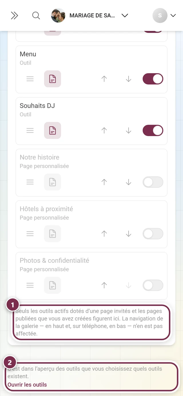Bas de page avec la note explicative sous la liste et le renvoi vers l'aperçu des outils
