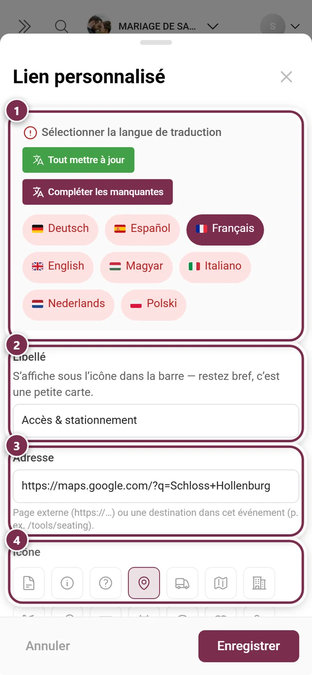 Boîte de dialogue Lien personnalisé avec langue de traduction, libellé, adresse et sélecteur de symbole