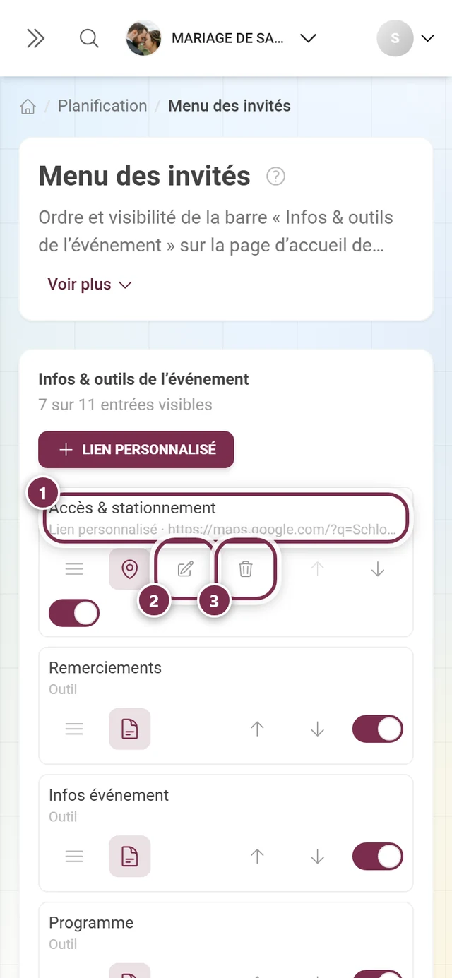 Ligne d'un lien personnalisé avec son adresse, le crayon et la corbeille