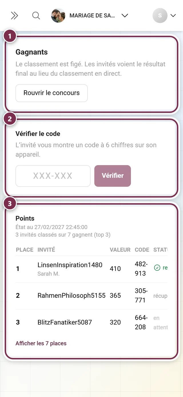 Page des gagnants avec le bloc Gagnants, le champ Vérifier le code et le tableau de score Points