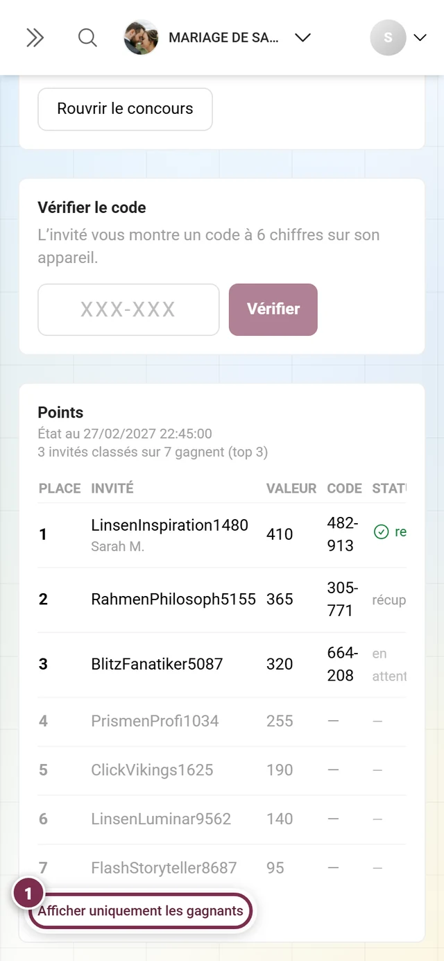 Tableau des gagnants avec les sept places, les places quatre à sept sans code