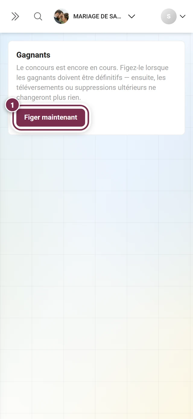 Le bloc Gagnants avec le message sur le concours en cours et le bouton Figer maintenant