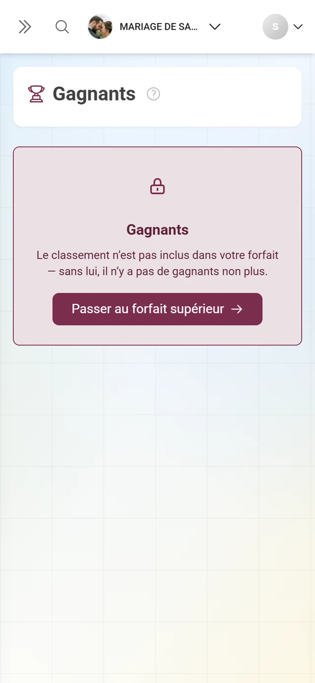Page des gagnants verrouillée avec un cadenas et le bouton Mettre à niveau