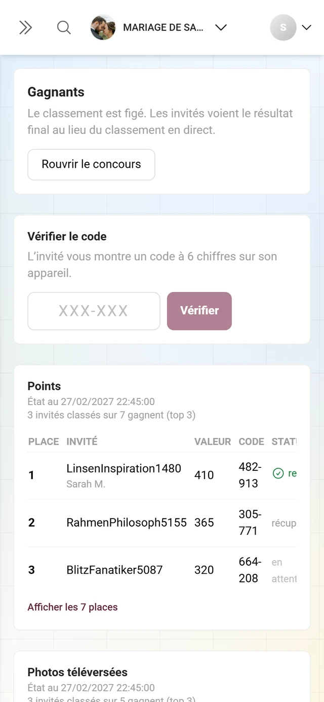Deux tableaux l'un sous l'autre, Points et Images téléversées, chacun avec ses propres gagnants
