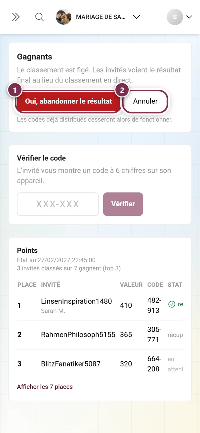 Demande de confirmation avant la réouverture avec les boutons Oui abandonner le résultat et Annuler