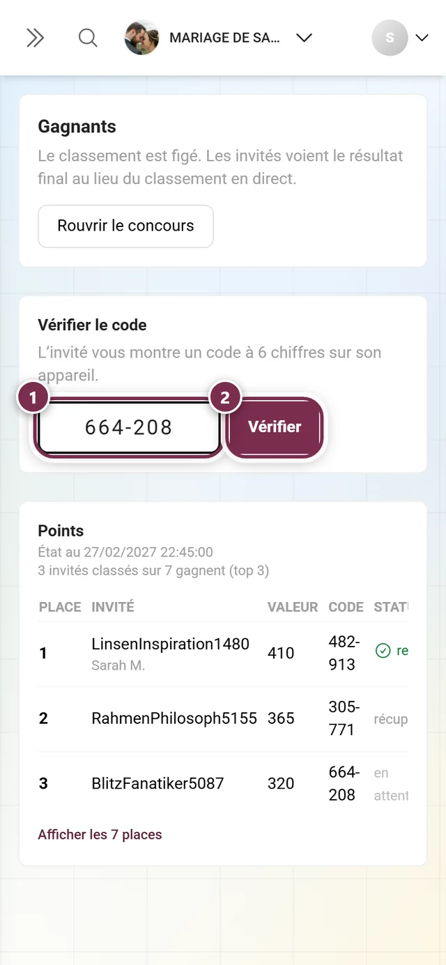 Le champ Vérifier le code avec un code saisi et le bouton Vérifier