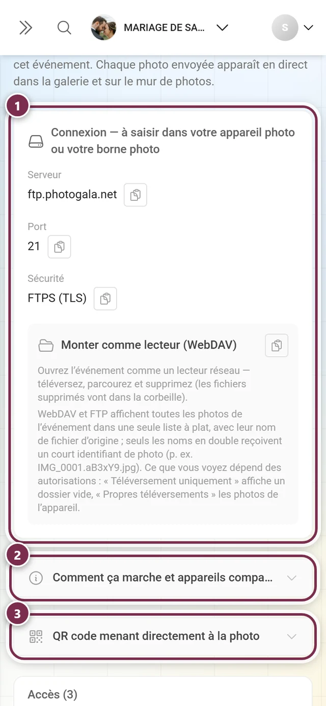 Page Téléversement en direct avec la carte de connexion mise en évidence et les deux volets rétractables