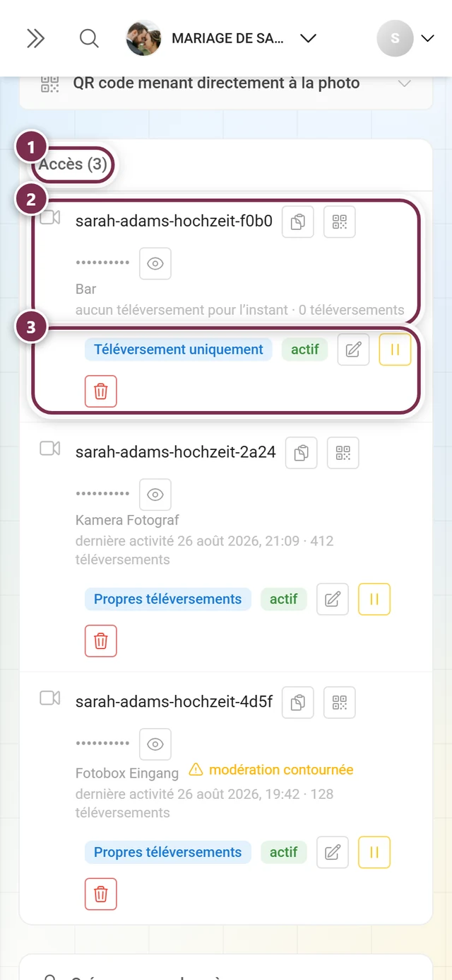 Liste des accès créés avec le titre et une ligne mis en évidence