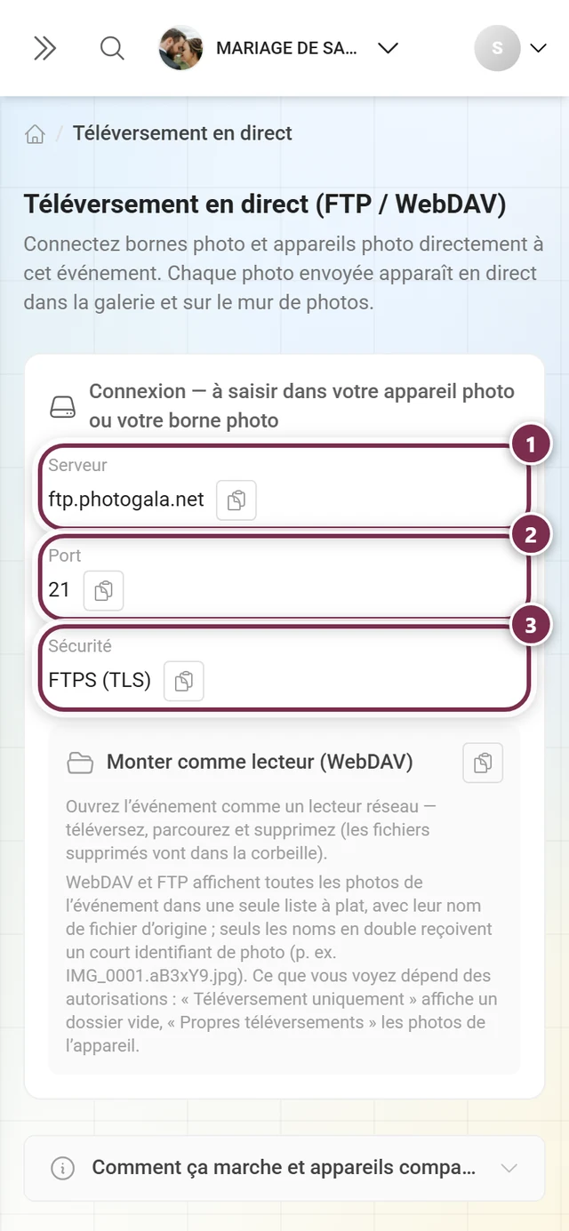 Carte de connexion avec les champs Serveur, Port et Sécurité mis en évidence