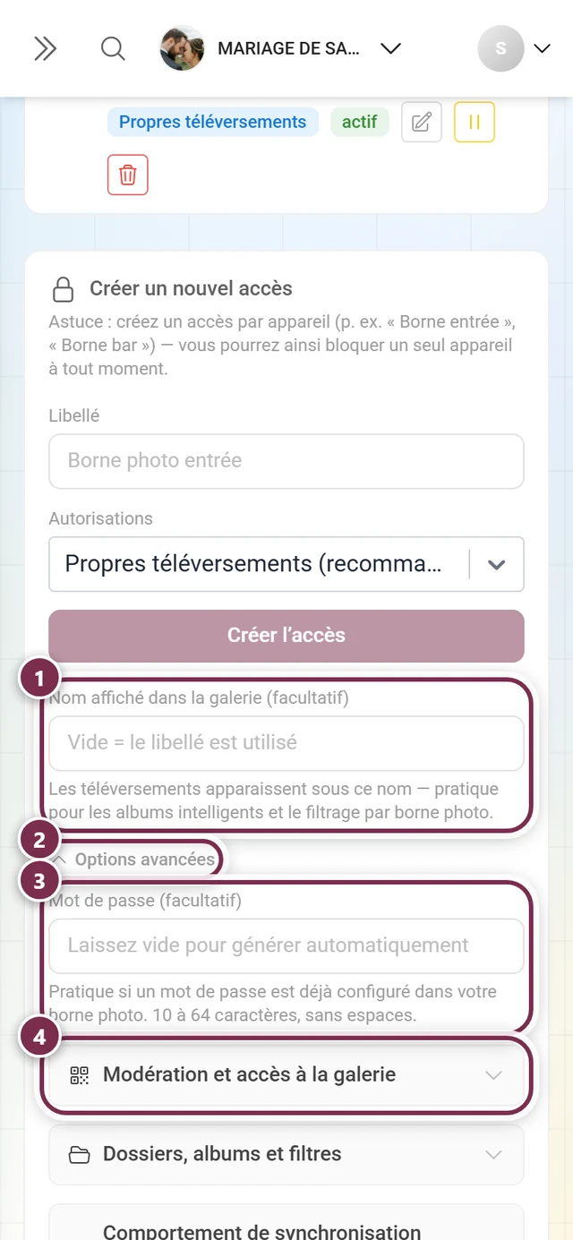 Formulaire de création d'un nouvel accès avec le nom affiché, le volet Options avancées, le champ mot de passe et le premier groupe d'options mis en évidence