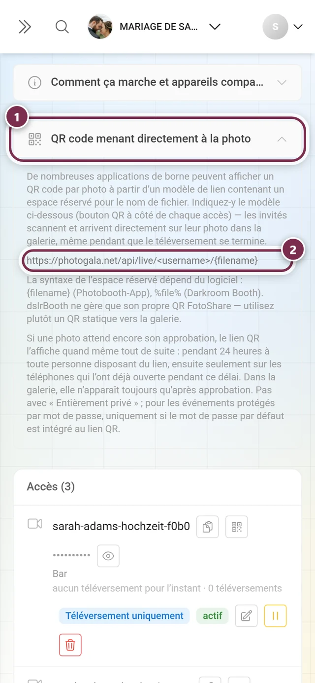 Volet déplié QR code menant directement à la photo avec le modèle de lien mis en évidence