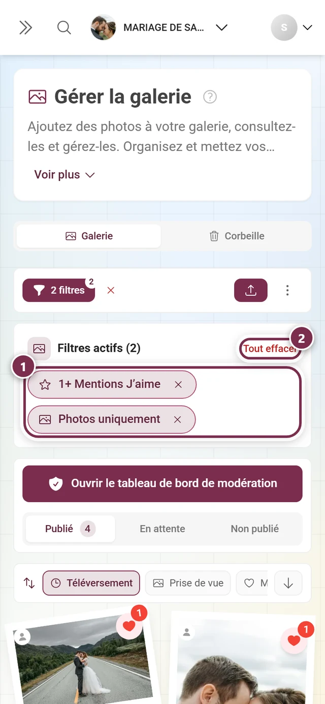 La barre Filtres actifs avec deux puces et le bouton Tout effacer