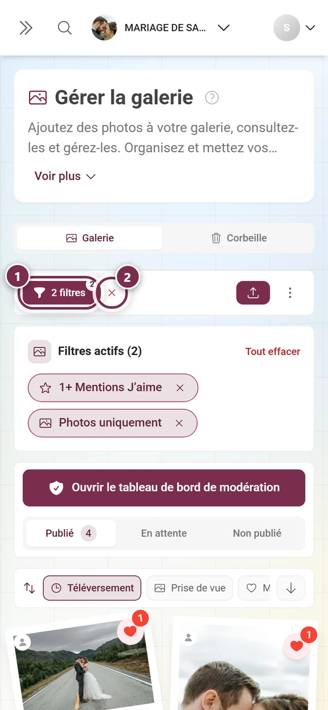 Barre d'action avec le bouton de filtre coloré indiquant le nombre et le X rouge à côté