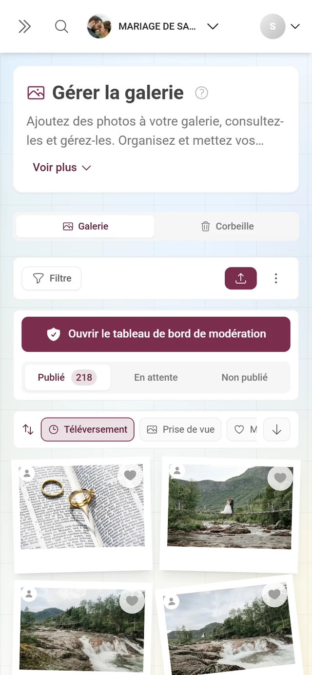 Boîte de dialogue Filtres de la galerie avec filtres rapides, type de média, ordre de tri et albums