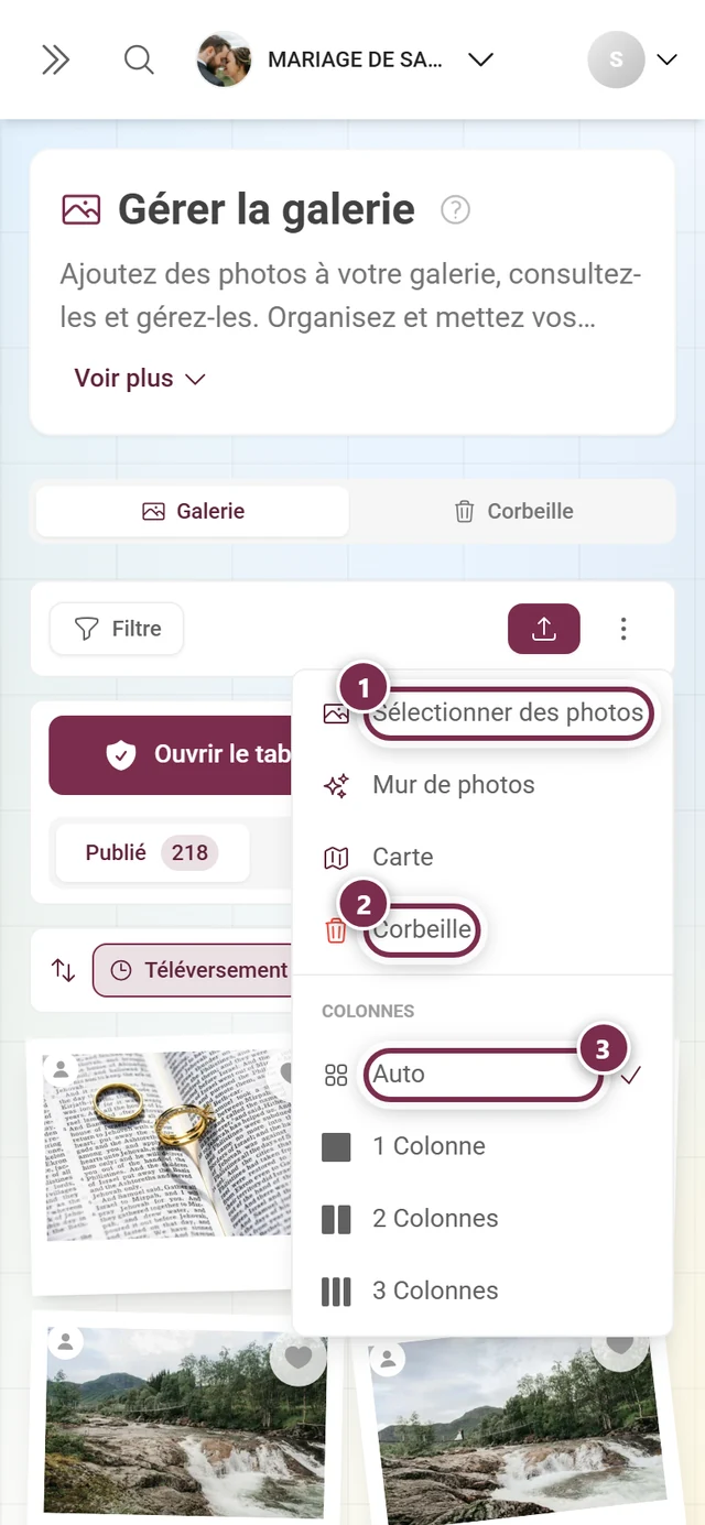 Menu à trois points ouvert sur téléphone avec Sélectionner des photos, Mur de photos, Carte, Corbeille et le choix de taille