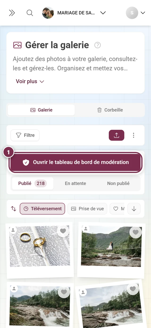 Panneau de modération sur téléphone avec le bouton mis en évidence Ouvrir le tableau de bord de modération