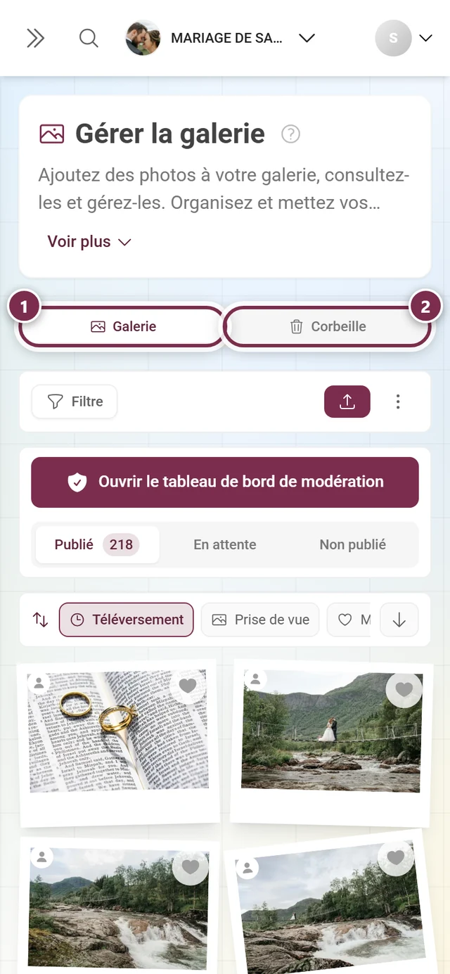 La barre d'onglets de la page avec les onglets Galerie et Corbeille mis en évidence