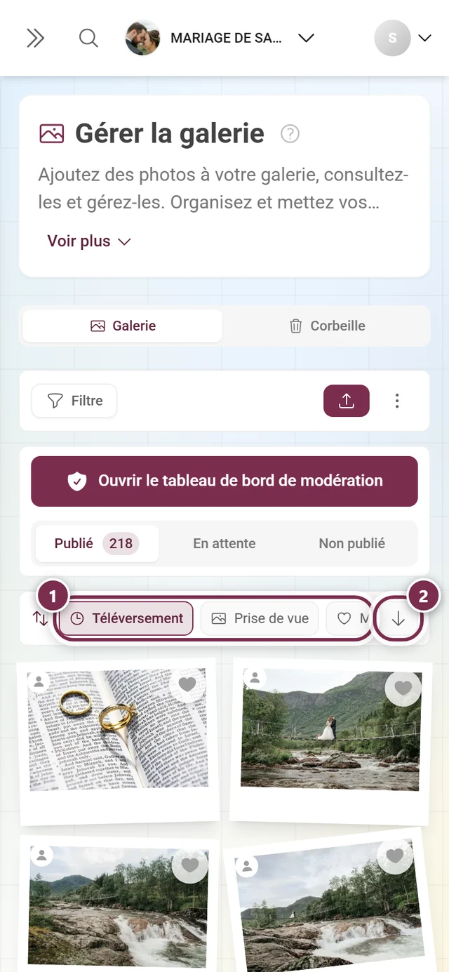 La barre de tri avec les critères mis en évidence et le bouton de direction mis en évidence