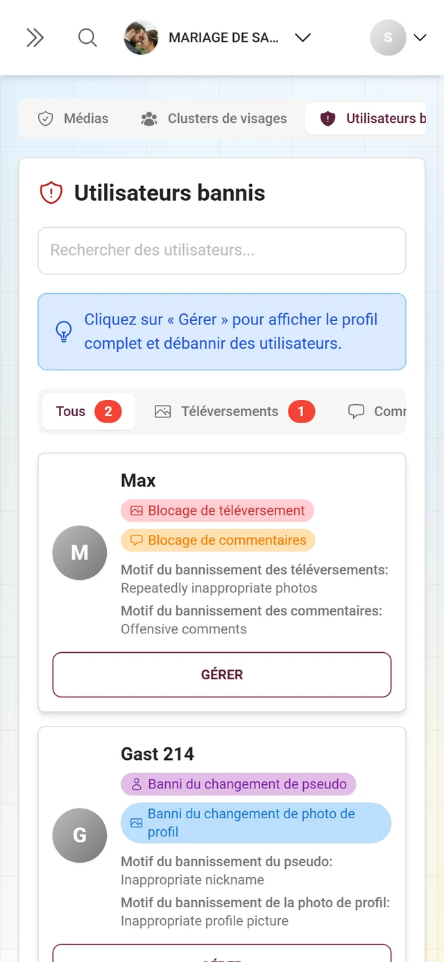 Onglet Utilisateurs bannis avec des sous-onglets et les personnes bannies avec leurs badges de bannissement