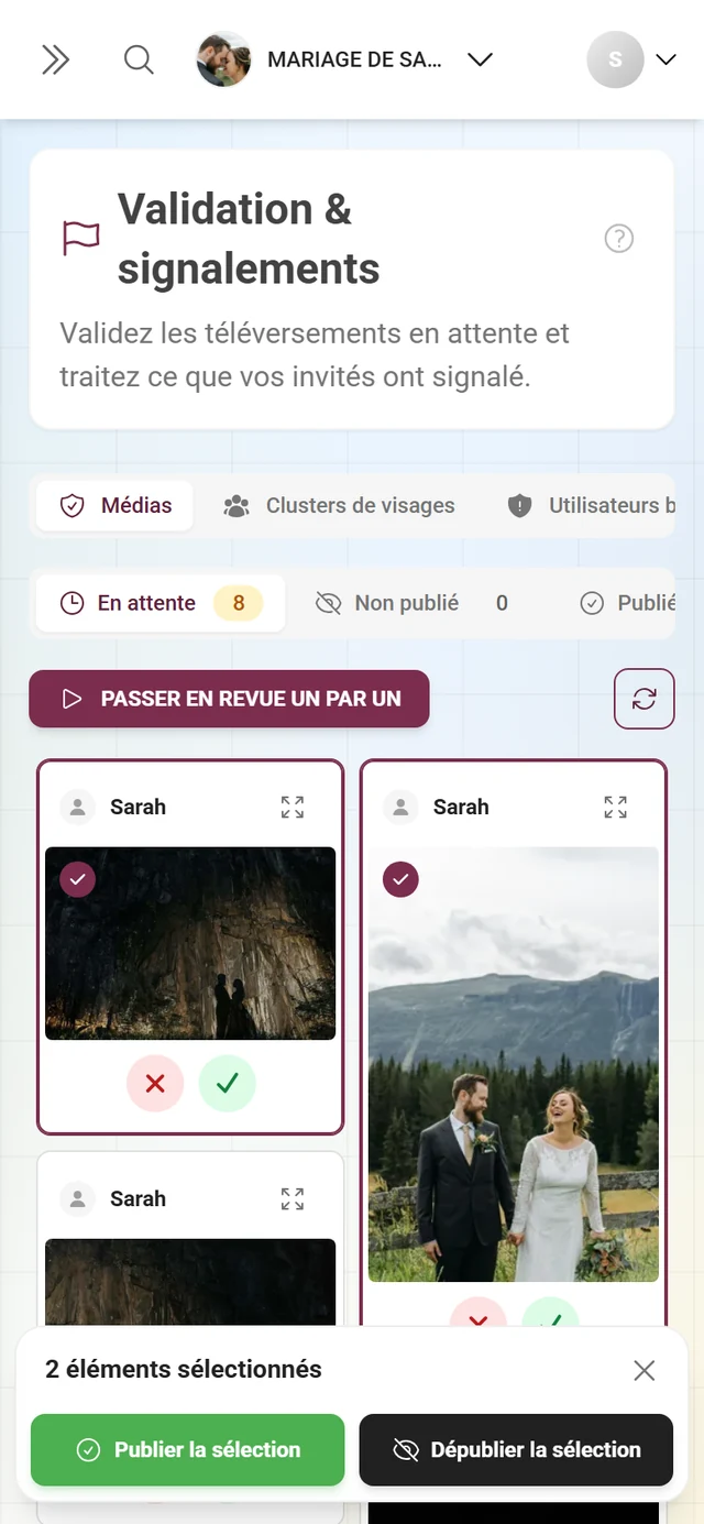 Deux cartes sélectionnées avec un anneau de sélection et la barre flottante avec Publier la sélection, Dépublier la sélection et la croix pour effacer la sélection