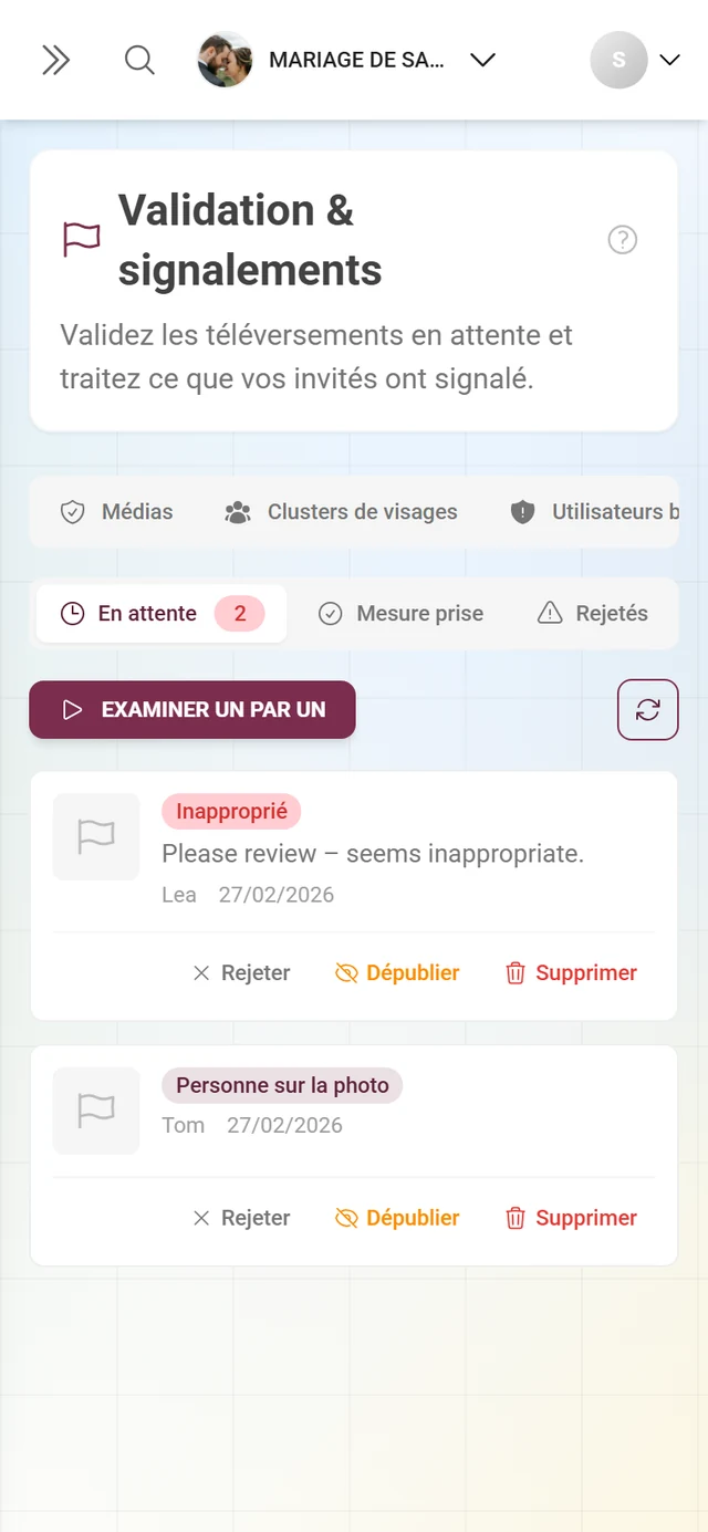 Onglet Signalements avec le contenu signalé, les badges de motif et les actions Rejeter, Dépublier et Supprimer