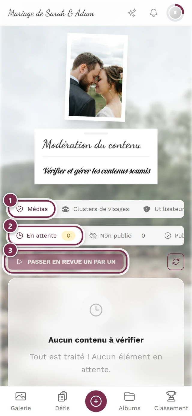 Page de modération sans le cadre d'administration, avec la barre d'onglets, le filtre de statut et le mode de vérification mis en évidence