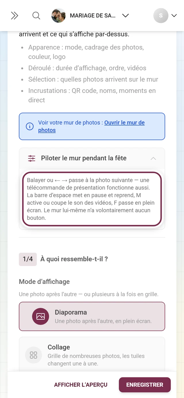Section dépliée Piloter le mur pendant la fête avec les raccourcis clavier