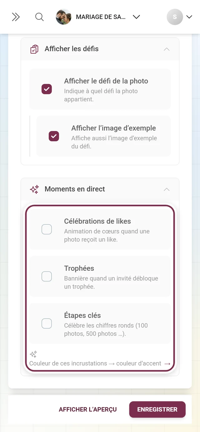 Section Moments en direct dépliée avec les interrupteurs Célébrations de likes, Trophées et Étapes clés