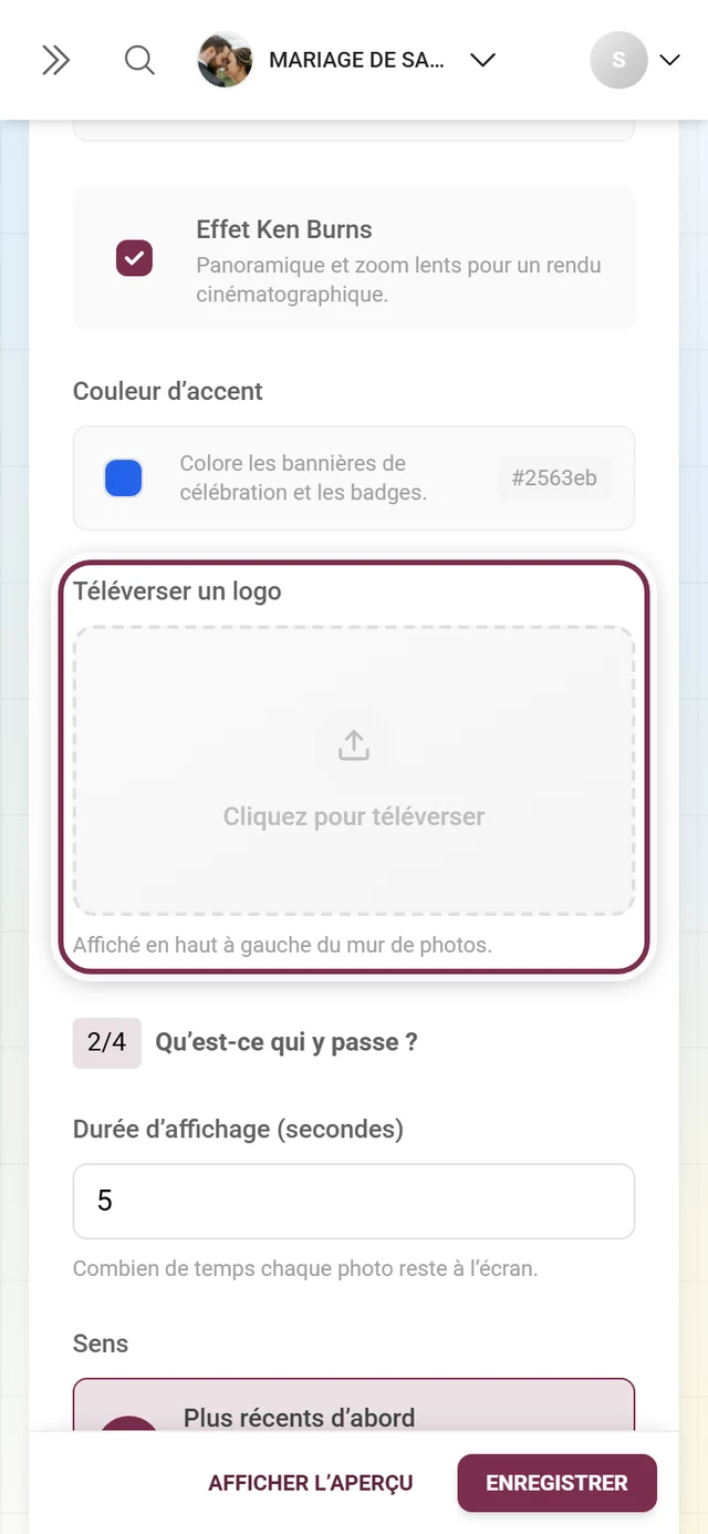 Champ de téléversement pour le logo du mur de photos dans la question 1 des paramètres du mur de photos