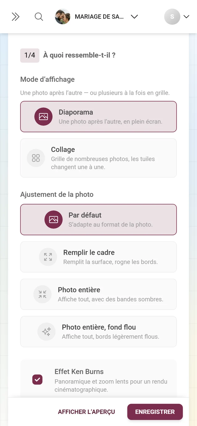 Section 1/4 À quoi ressemble-t-il avec le mode d'affichage et l'ajustement de la photo