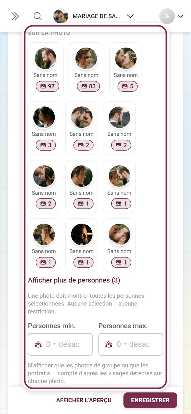 Section Personnes de l'onglet mur de photos montrant le filtre de personnes ou l'avertissement sur la reconnaissance faciale