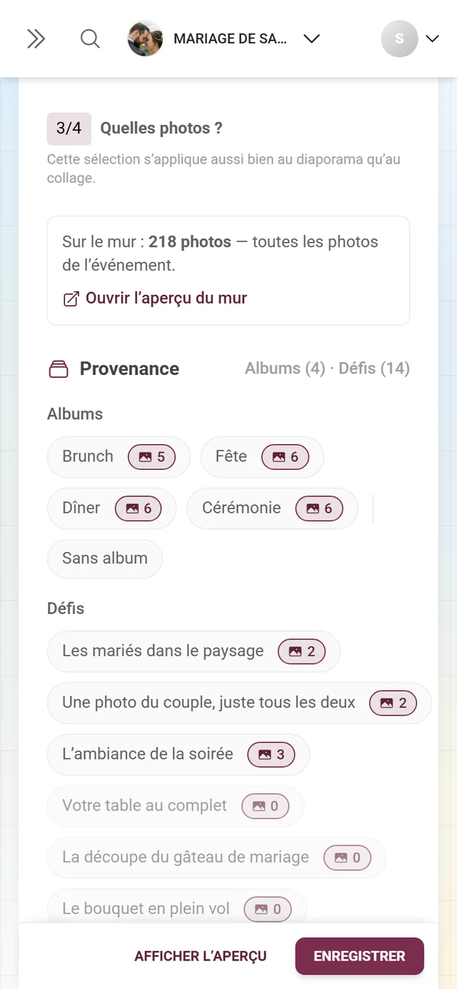 Section 3/4 Quelles photos avec les albums, les défis et le type de média
