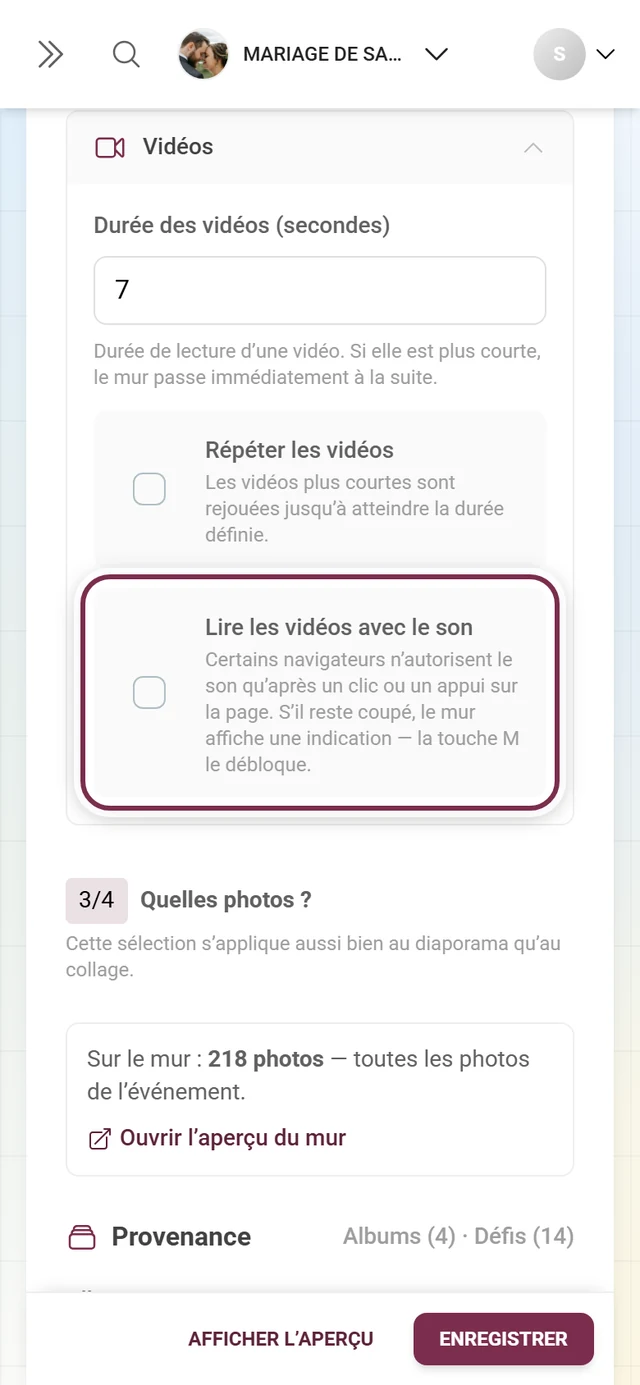 Section Vidéos dépliée avec l'interrupteur Lire les vidéos avec le son mis en évidence