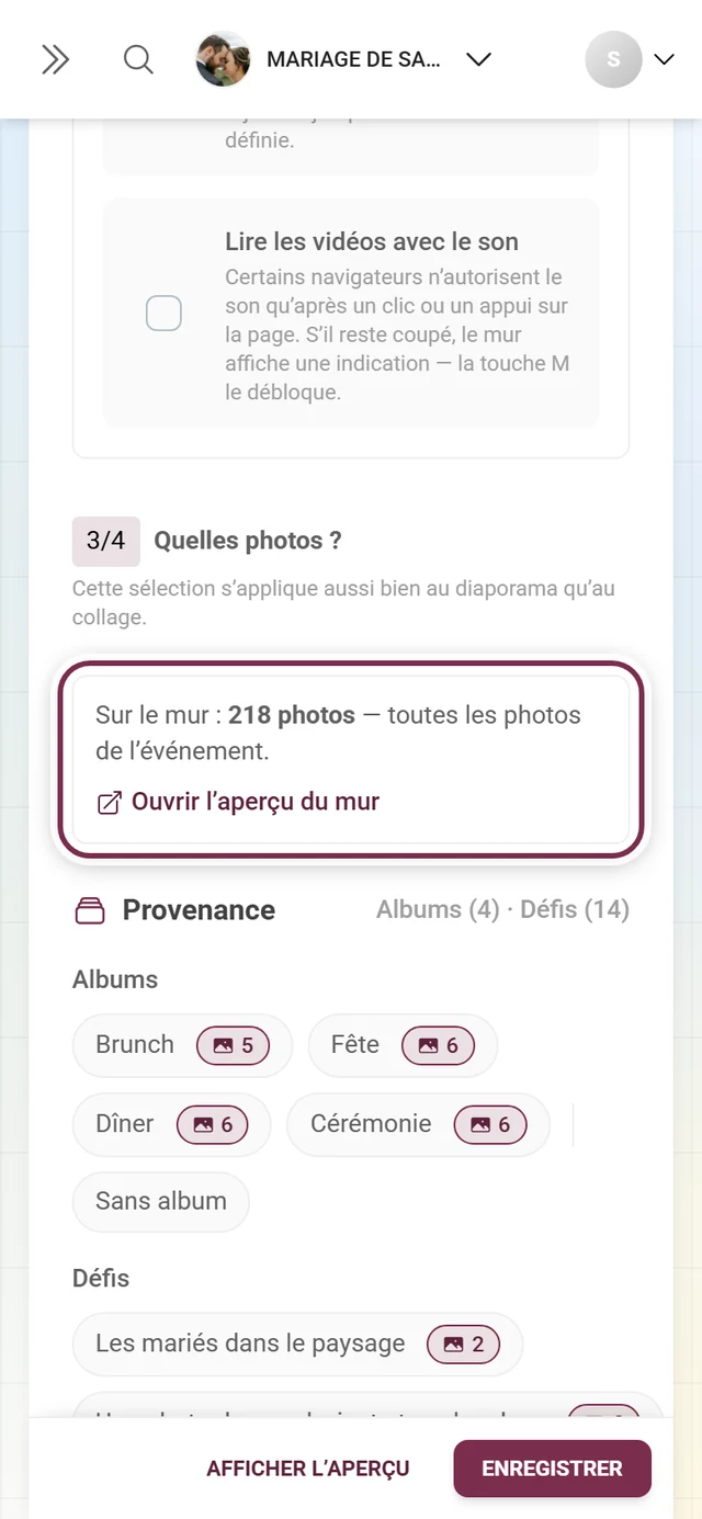 En-tête de la question Quelles photos avec la ligne Sur le mur et les restrictions actives