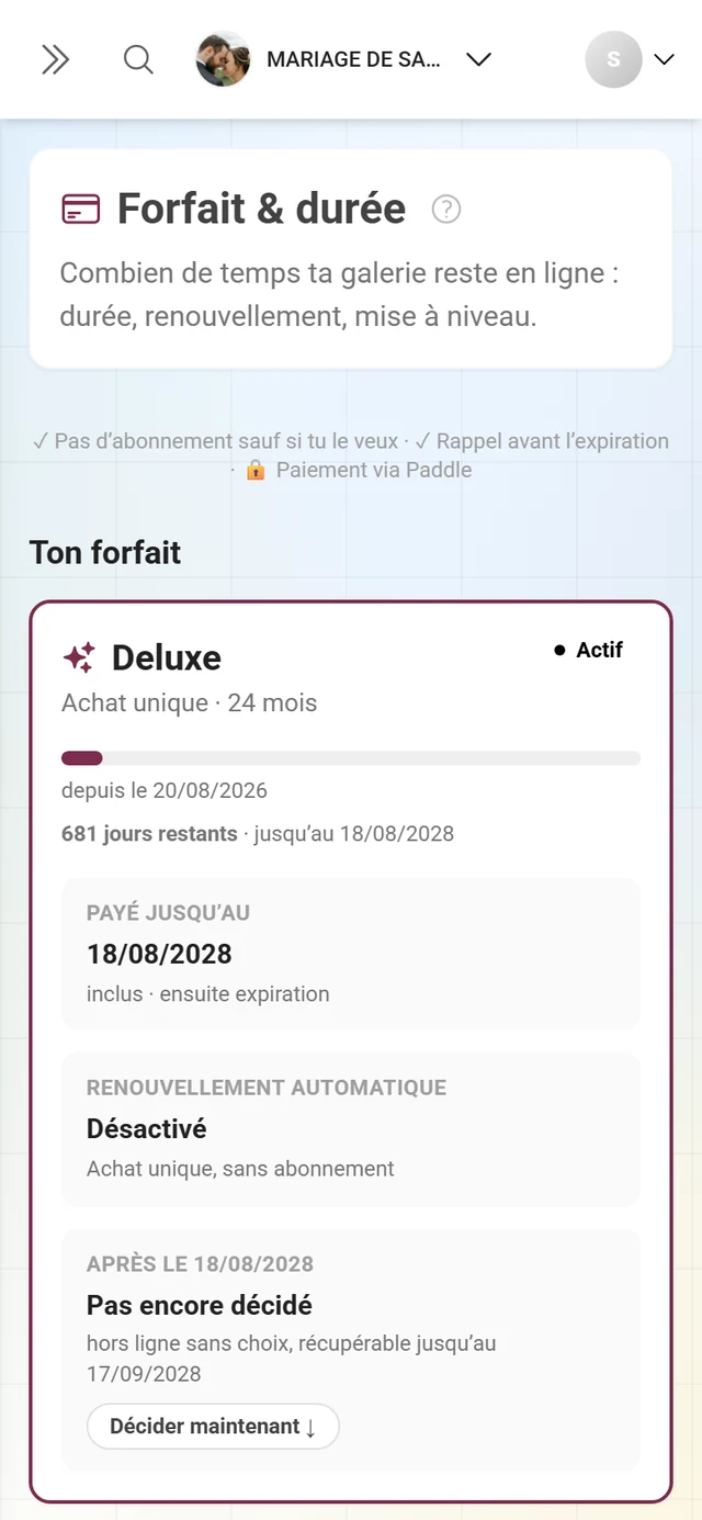 Section forfaits avec le plan actuel et les fonctionnalités incluses