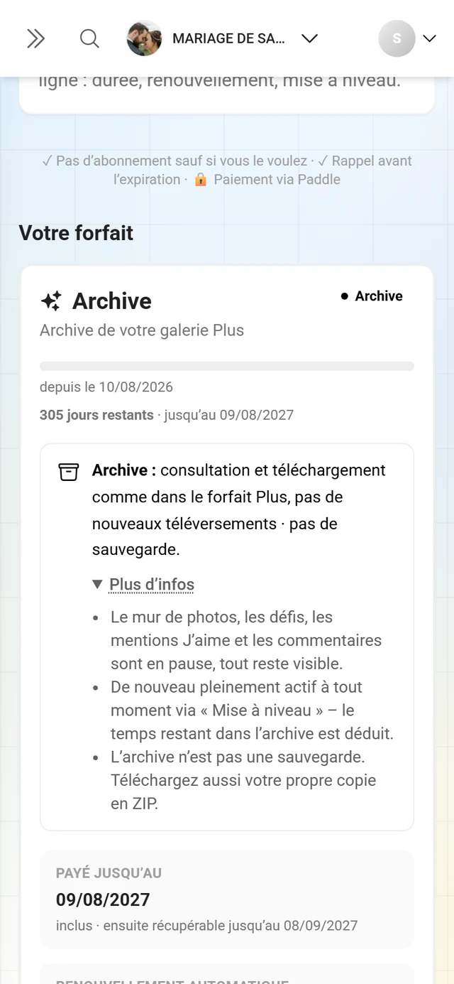 Carte Votre forfait dans l'archive avec un cadre violet, la pastille Archive, la barre de durée et la mention dépliée sur l'archive