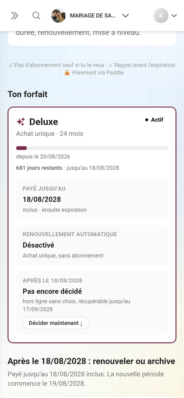Carte Votre forfait avec la barre de durée et les vignettes Payé jusqu'au, Renouvellement automatique et Après la date d'expiration