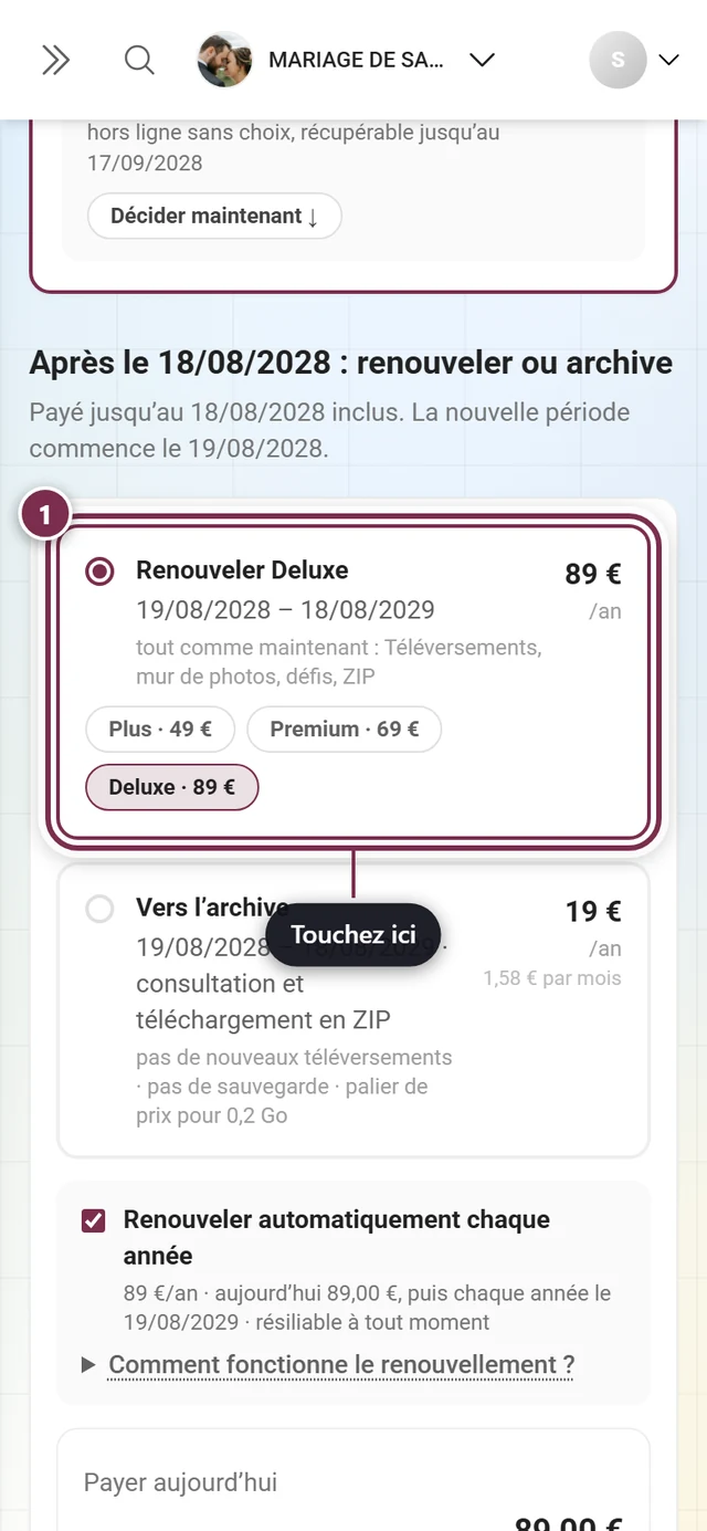 Bloc Après le date : renouveler ou archive avec la vignette Renouveler le forfait sélectionnée, le récapitulatif et le bouton Continuer vers le paiement