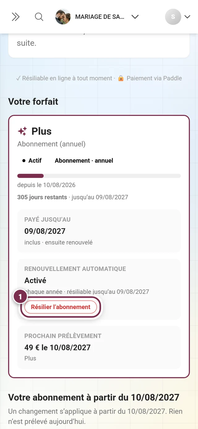 Carte Votre forfait avec les pastilles Actif et Abonnement · annuel, les vignettes Renouvellement automatique Activé et Prochain prélèvement ainsi que le bouton Résilier l'abonnement