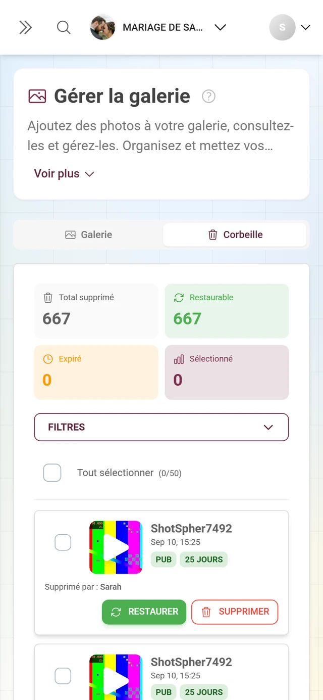 Vue de la corbeille avec des tuiles statistiques et une liste des photos supprimées